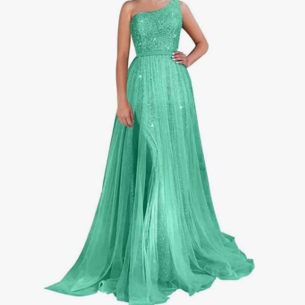 One Shoulder Sequin Prom Dresses for Women Long Tulle Formal Ball Gowns Sparkly